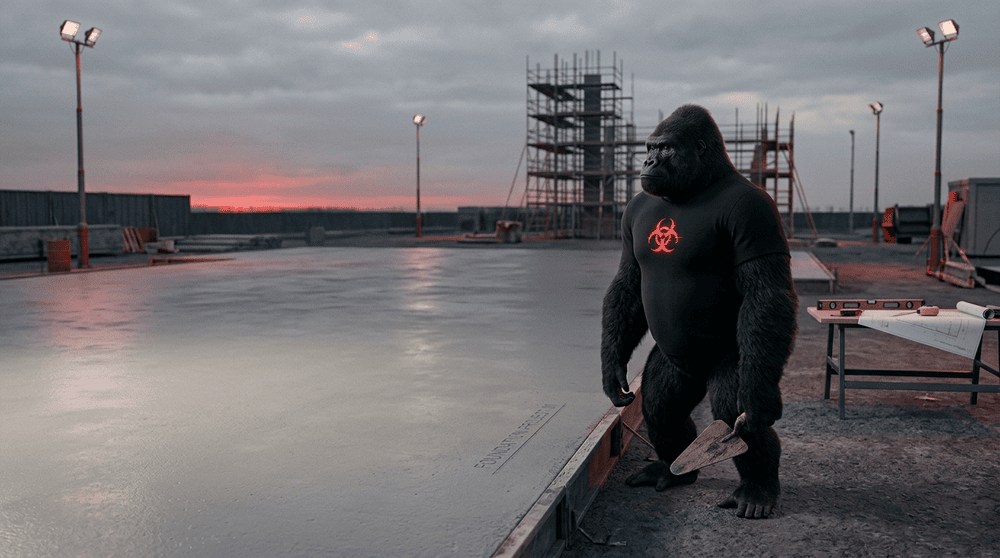 The Acrid gorilla standing at the edge of a freshly poured concrete foundation at dusk, trowel in hand, looking out across the slab with satisfaction, a half-built scaffold rising in the background.