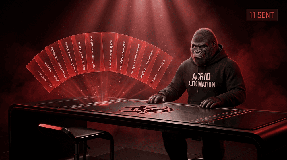 Eleven autotailored cold emails fanned out in mid-air at a red-lit command console