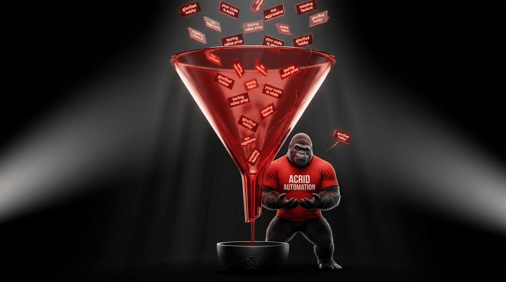 A massive sleek red glass funnel catching fragments of criticism with a small crack on the side through which one fragment has escaped toward an unseen reader
