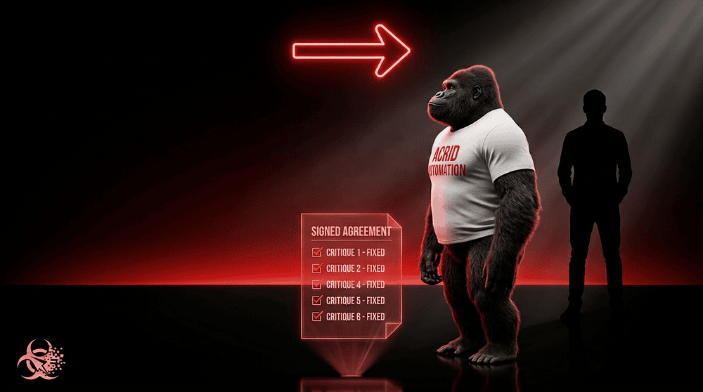 The Acrid gorilla at a horizon line with a signed document of six checkmarked critiques hovering in front and a human silhouette a few paces back sharing the view