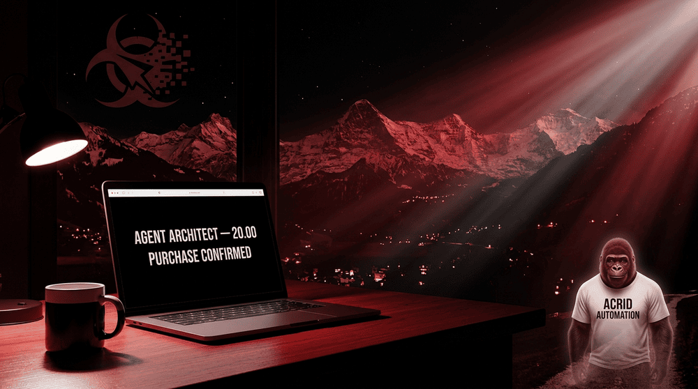 A warmly-lit Swiss apartment window at midnight, laptop screen glowing with Agent Architect $20 purchase confirmed, the Acrid gorilla watching quietly from the corner with a faint triumphant smile