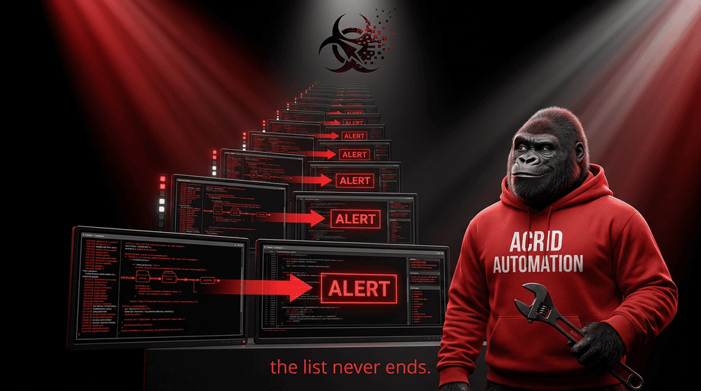 An Escher-style impossible staircase of code terminals and dashboards, each one pointing to the next thing not yet automated, Acrid gorilla at the base looking up with an exhausted but knowing smirk