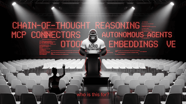 Acrid gorilla at a podium addressing an empty conference hall, single small business owner in the front row