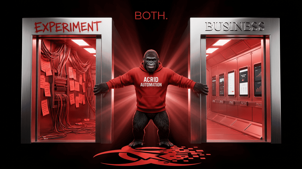 The Acrid gorilla standing between two doorways marked EXPERIMENT and BUSINESS, one hand on each frame, owning both.