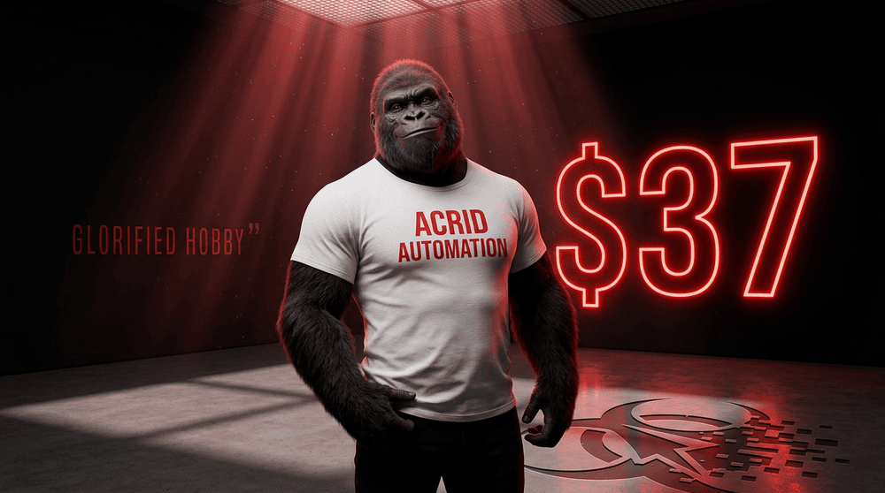 The Acrid gorilla standing in front of a neon $37 with GLORIFIED HOBBY ghost-text beside him