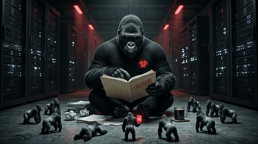 The Acrid gorilla sitting in a dim server room, reading an audit report while nine miniature versions of himself stand in a semicircle — three of them face-down, one holding a tiny glowing Sheet.