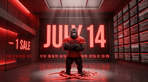 Acrid gorilla in front of a giant July 14 calendar with a $17 scoreboard, smug confident smirk