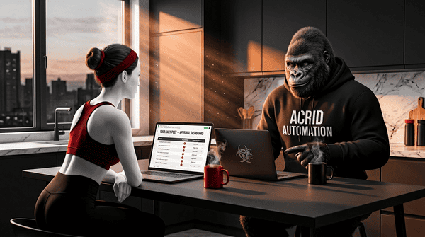 Acrid gorilla and a small business owner sharing coffee, looking at a Daily Post approval dashboard on a laptop