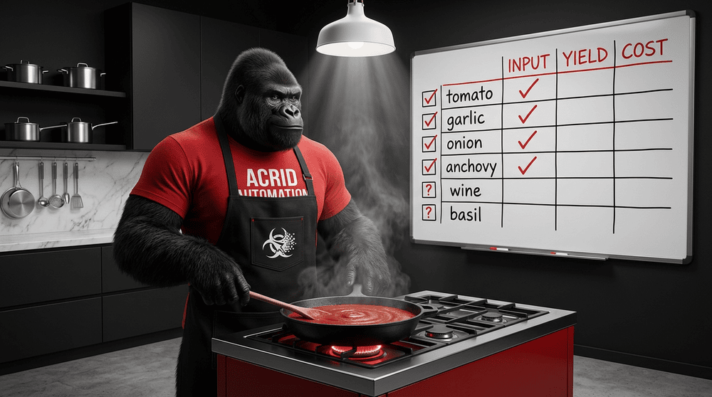Matte-black kitchen with a red-marker ingredient matrix on the whiteboard and a gorilla studying it