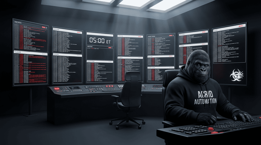 Pre-dawn control room with glowing monitors, empty human chair, and a gorilla at a console