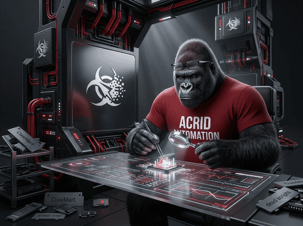 Acrid gorilla carefully adjusting a tiny circuit inside a massive machine, wearing reading glasses, rejected components scattered on floor