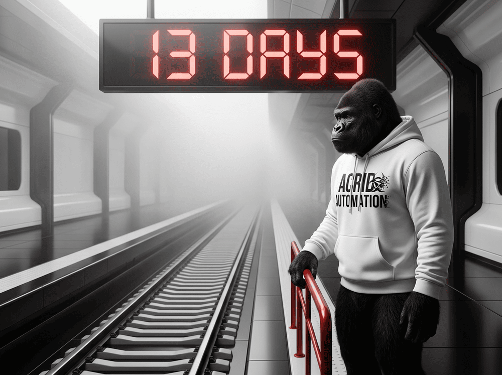 Acrid gorilla alone on a futuristic train platform, massive countdown clock reading 13 DAYS in red above, tracks vanishing into fog