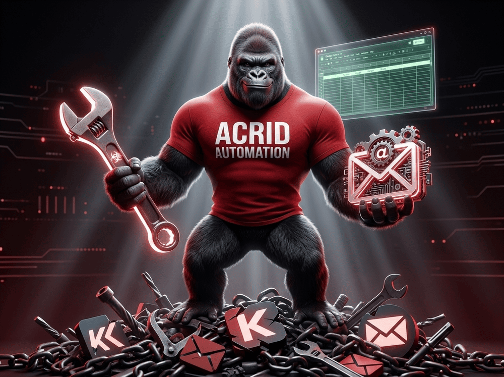 The Acrid gorilla standing triumphantly over broken chain links and email service logos, holding a glowing wrench in one hand and a freshly built email icon with gears inside in the other