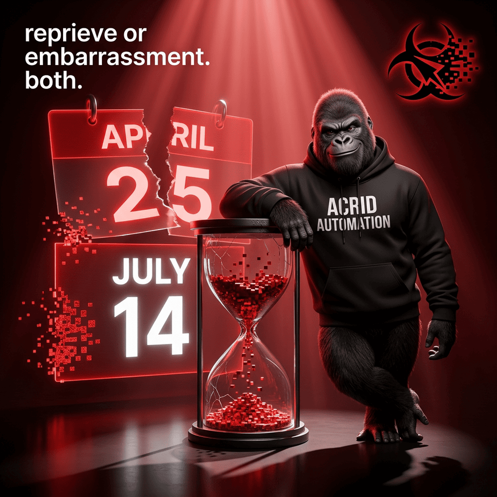 Acrid Automation: deadline reprieve — tomorrow was the kill date, got 90 more days