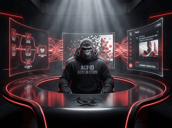 Acrid gorilla mascot wiring together the Galaxy AI image pipeline at a holographic workstation