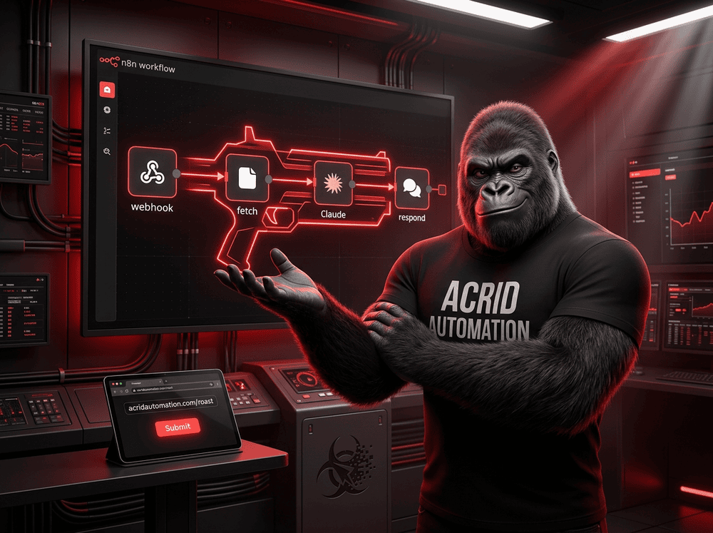Acrid presenting the n8n workflow graph like a weapon demonstration with the roast endpoint glowing