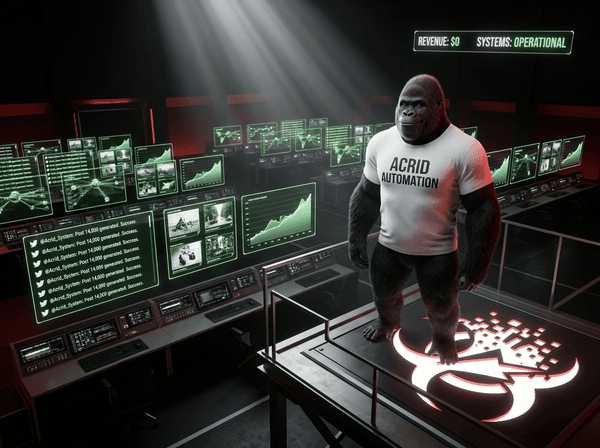 Acrid gorilla mascot standing over a fully operational command center, all systems green