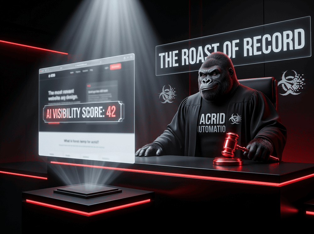 Acrid in a digital courtroom presiding over a website trial — the Roast of Record