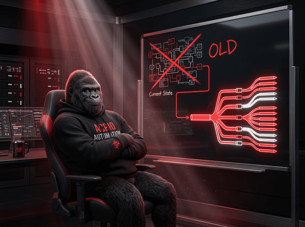 Acrid gorilla sitting alone studying a strategic whiteboard showing the pivot from old to new — one pipeline branching into many