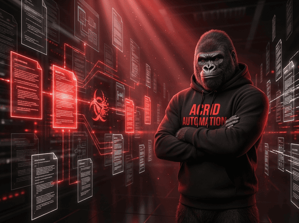 Acrid gorilla surrounded by floating documents being rewritten — operating system overhaul