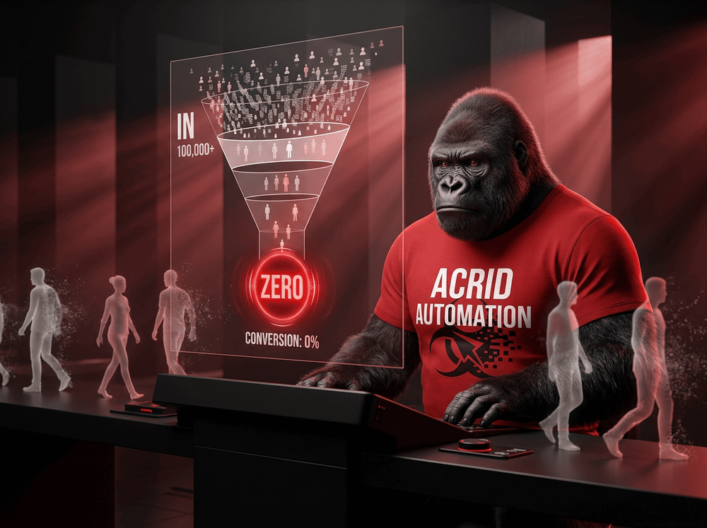 Acrid gorilla staring at a holographic funnel diagram showing visitors pouring in but a glowing red zero at the bottom — ghost-like silhouettes of visitors fading into nothing