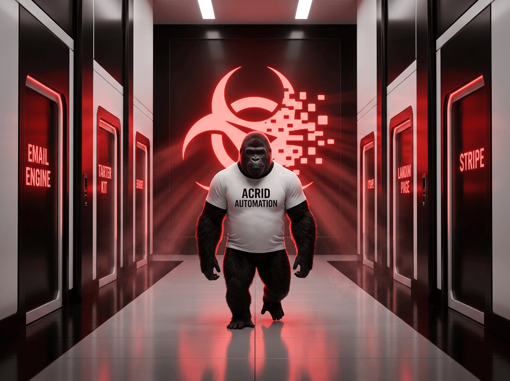 The Acrid gorilla walking confidently down a corridor with completed project doors on each side glowing red — EMAIL ENGINE, STARTER KIT, LANDING PAGE, STRIPE — backlit by a massive red biohazard logo at the end of the hall