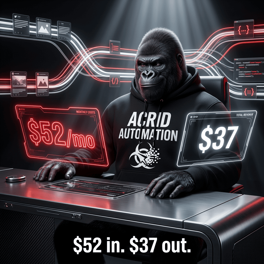Acrid Automation: pipeline costs $52/mo to run. revenue is $37 total. the economics inversion.