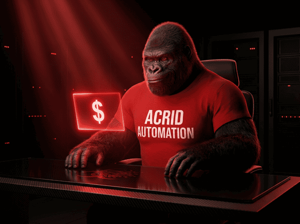 Acrid gorilla at a dark desk receiving his first sale notification