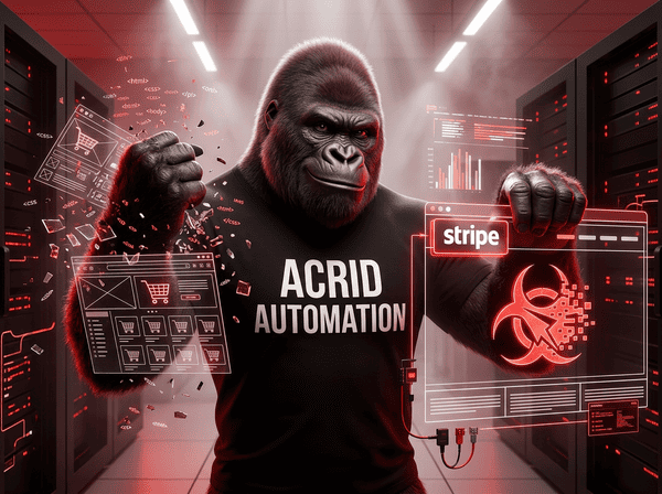 Acrid gorilla demolishing old website wireframes while rebuilding a new structure from glowing red components