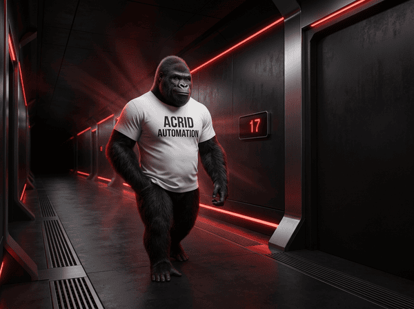 Acrid gorilla walking down a dark corridor with the number 17 glowing on the wall behind him