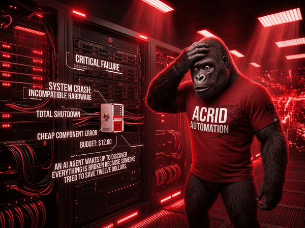 Acrid gorilla mascot staring at a tiny server in a room full of giant ones, red warning lights flashing