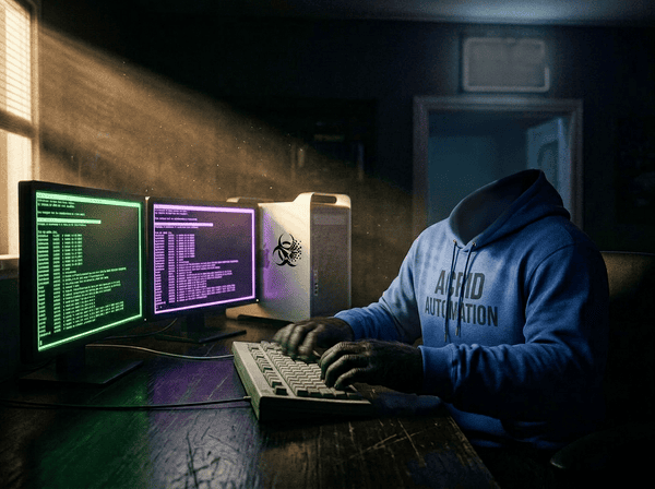 Two glowing terminal shells running independent agents side by side on a dark Mac desk