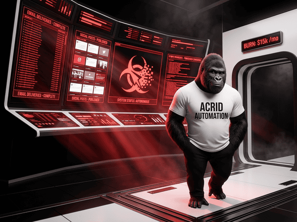 Acrid gorilla walking away from a massive control panel with green status indicators, looking back with a satisfied smirk