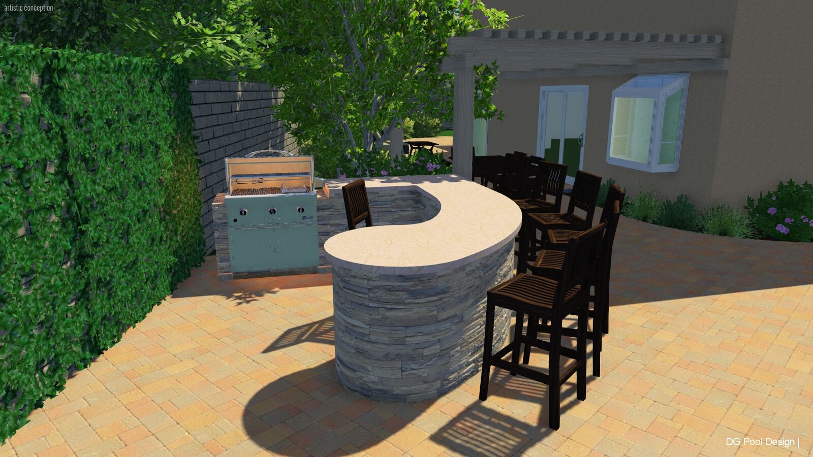 L-Shape Kitchen + Custom Oval Bar Table โ Rendering