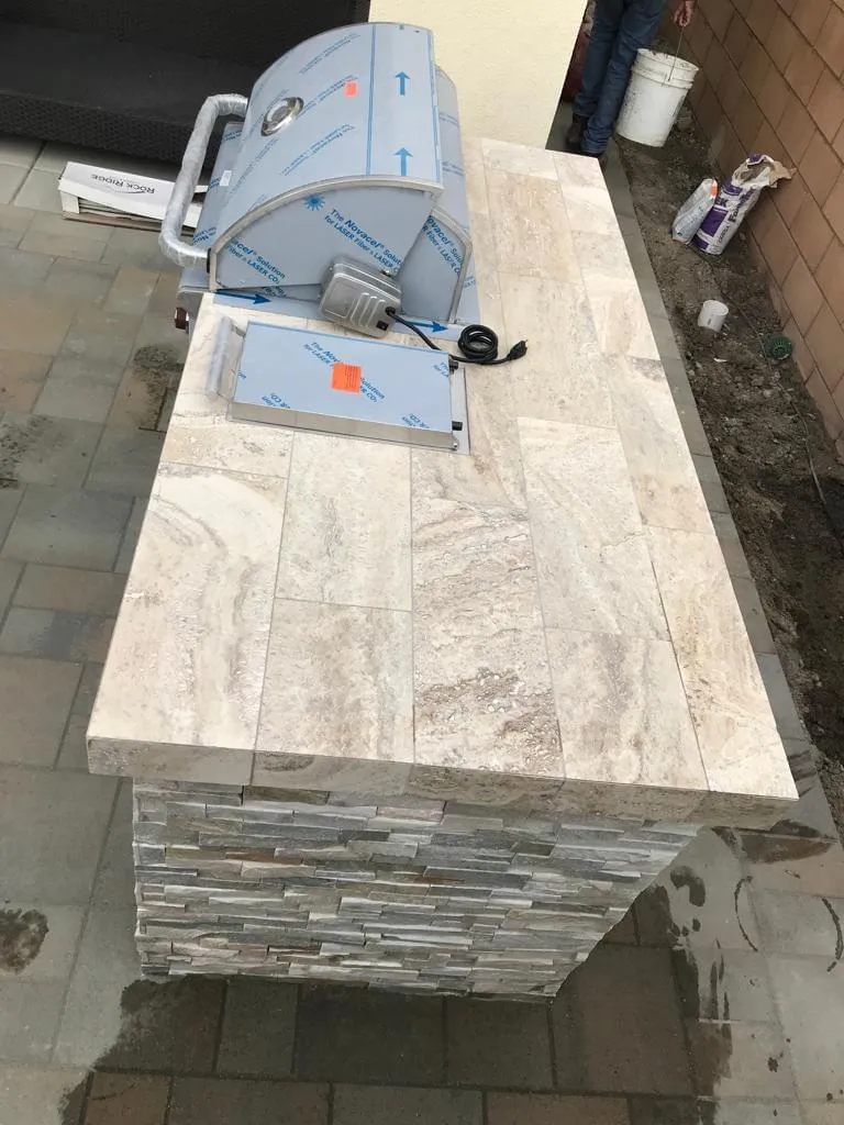 Travertine Top Island with Stacked Stone โ Progress