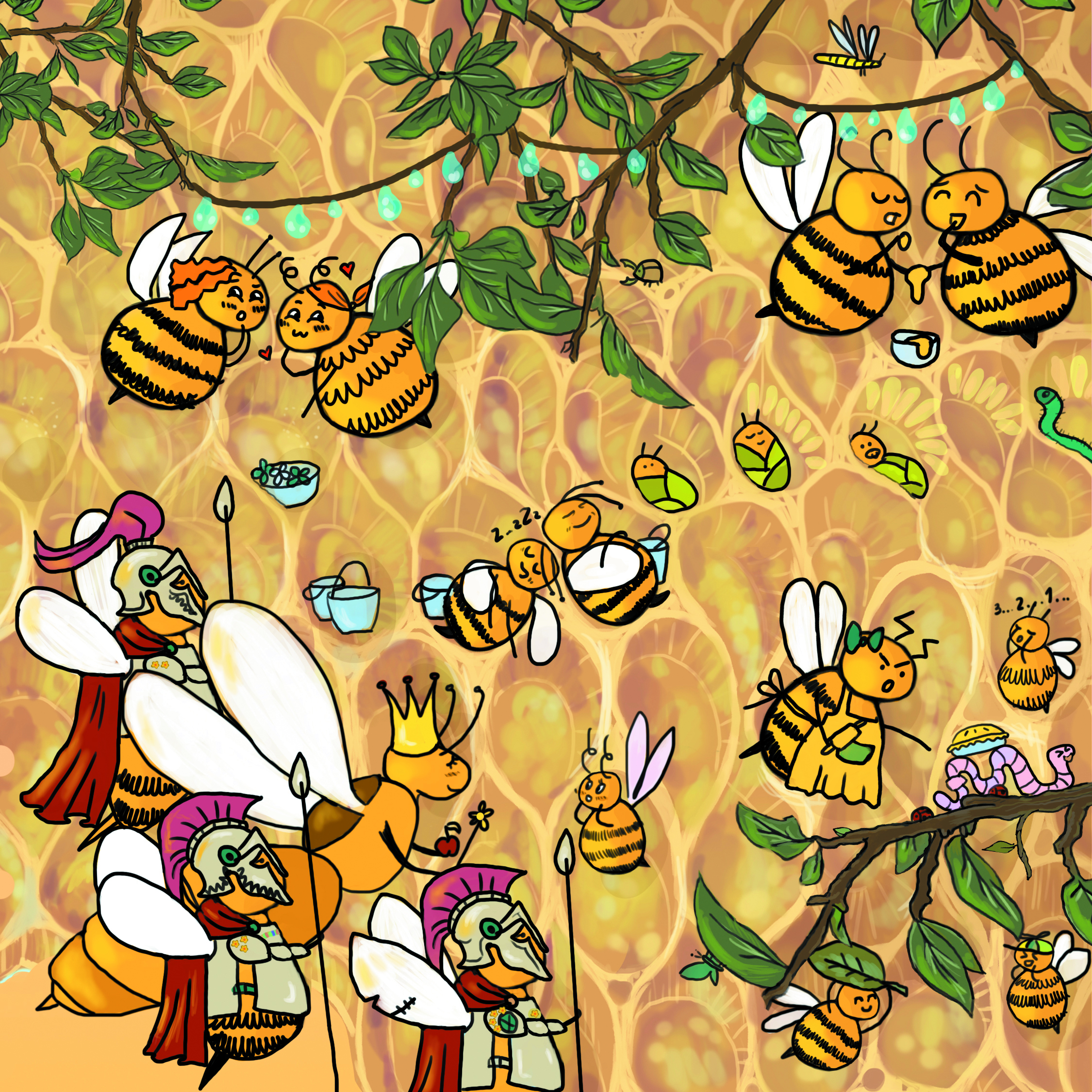 Interior illustration: the hive community, including royal and knight bees, gathered together