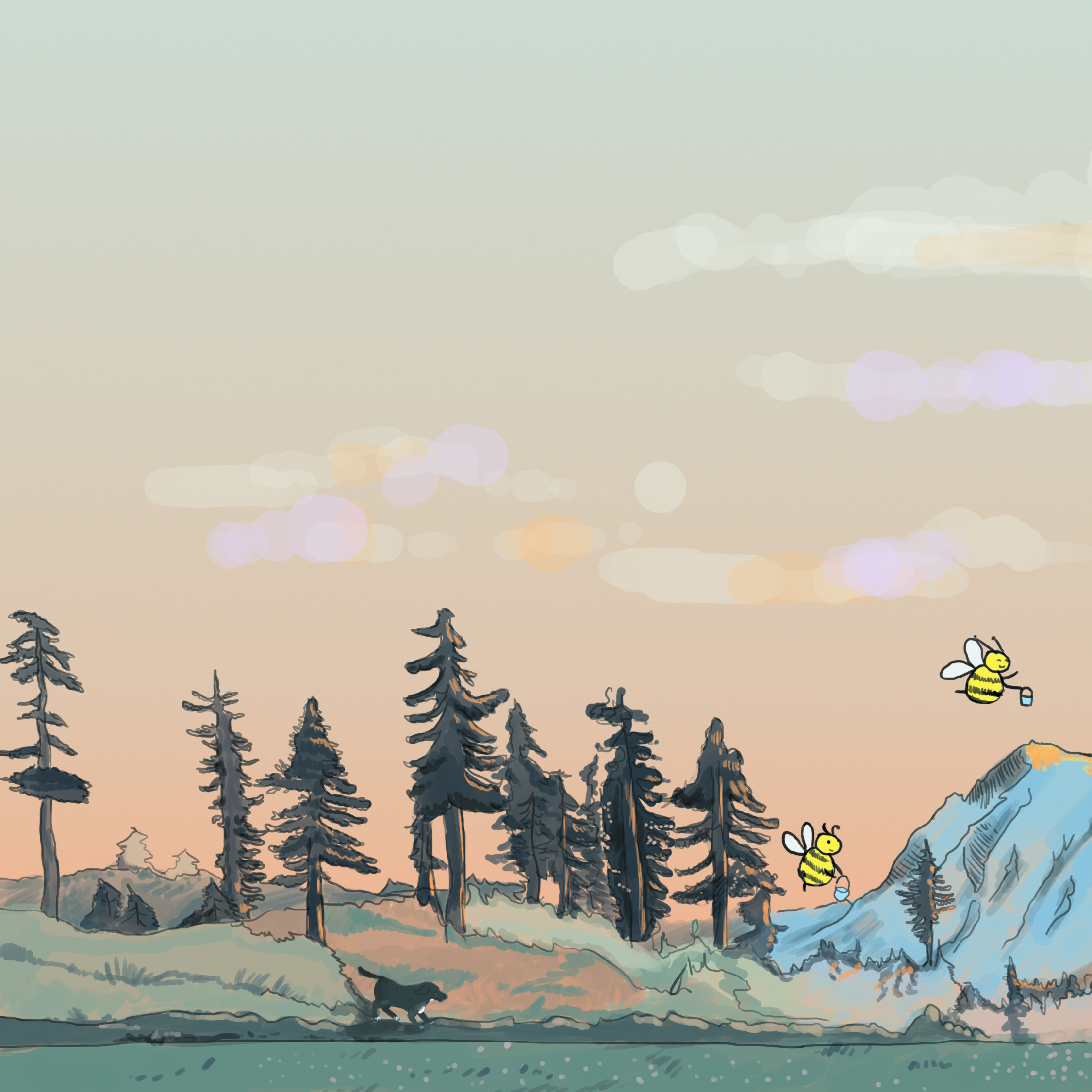 Interior illustration: bees flying over a storm-touched forest landscape at dusk