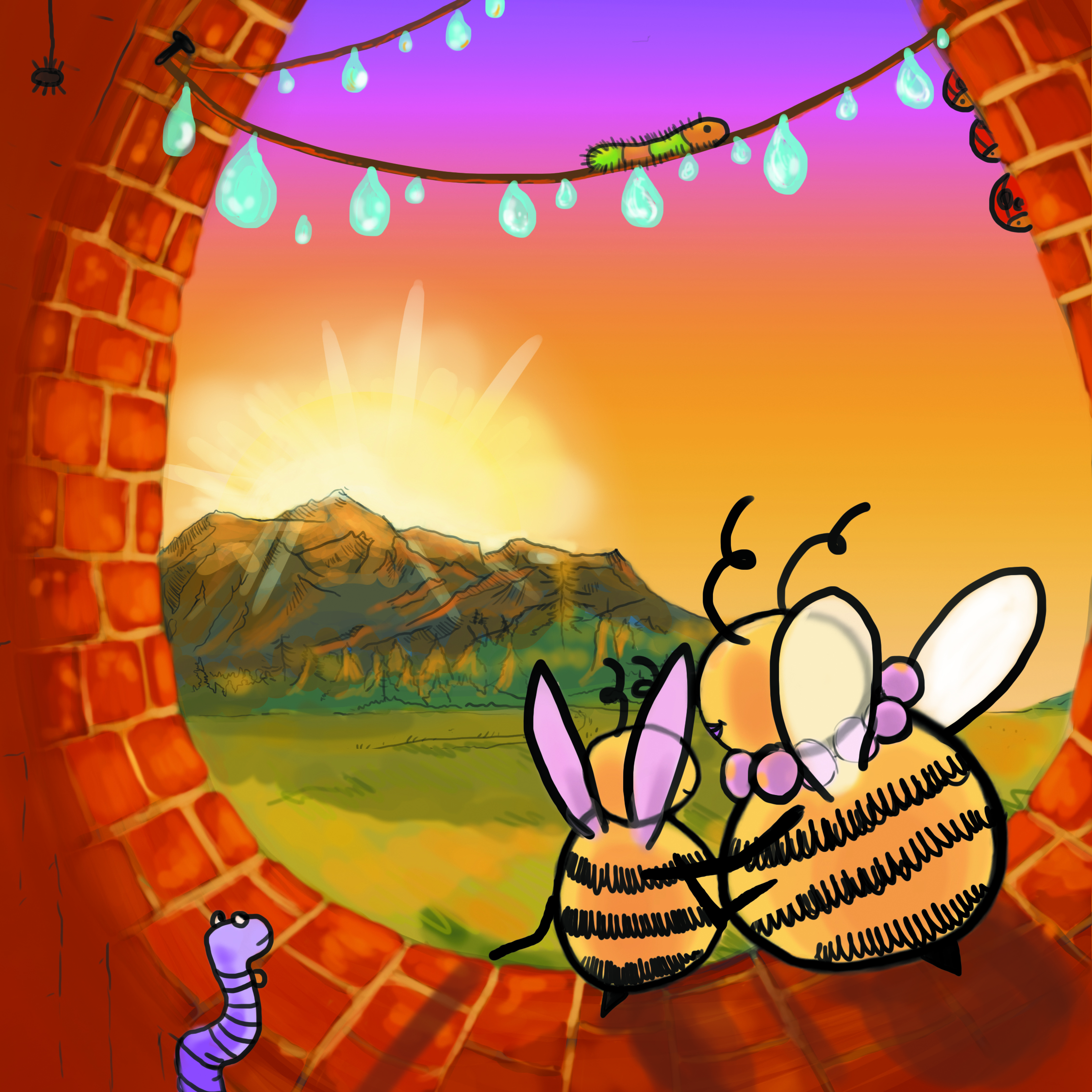 Interior illustration: two bees sharing a quiet moment in a honeycomb doorway at sunset