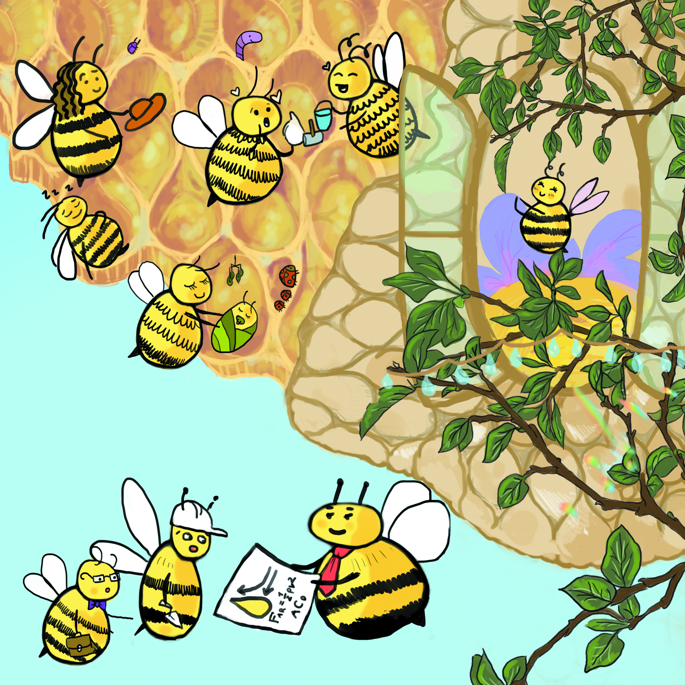 Interior illustration: the hive family and friends busy at work and play inside the honeycomb