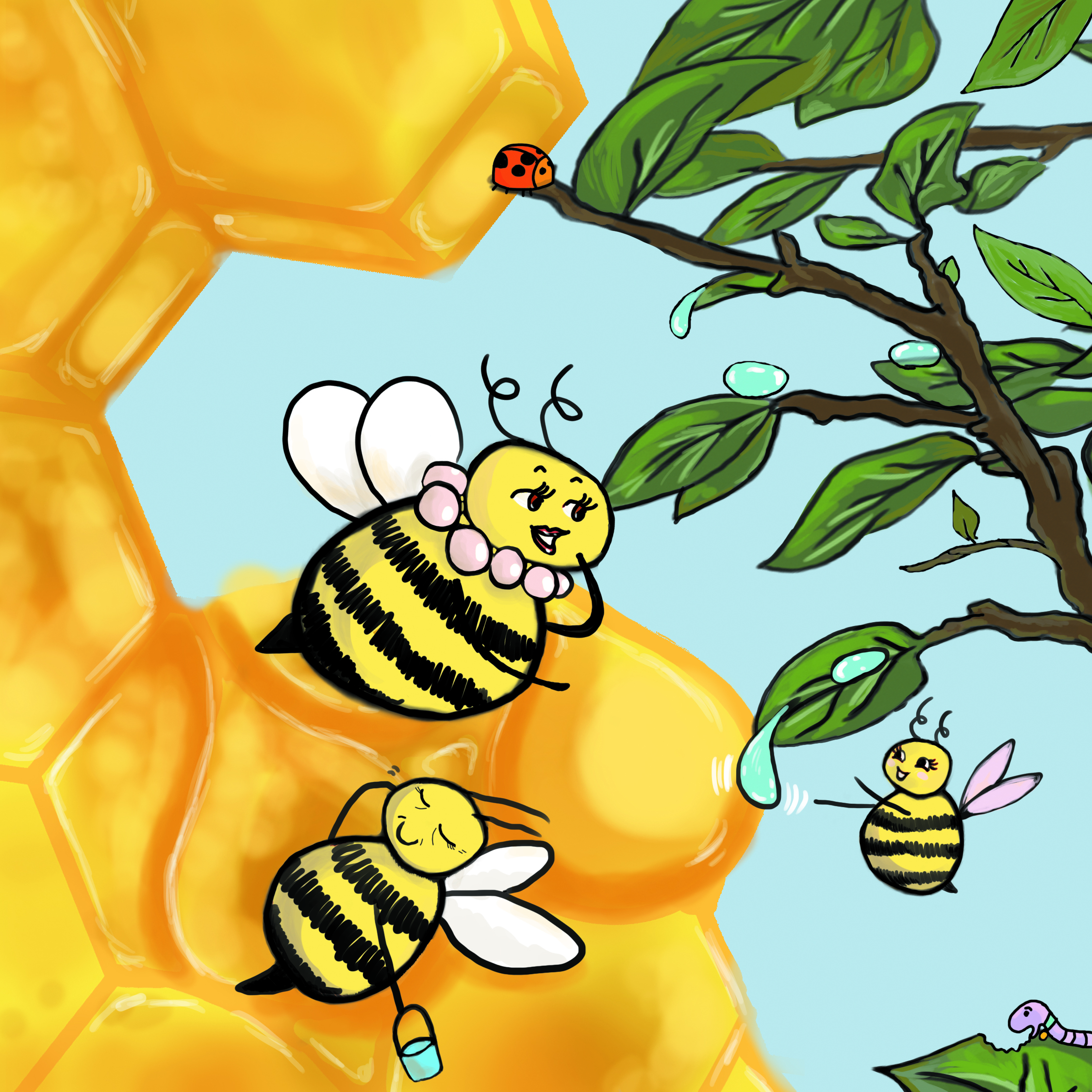 Interior illustration: a bee resting near leaves and a ladybug beside the honeycomb