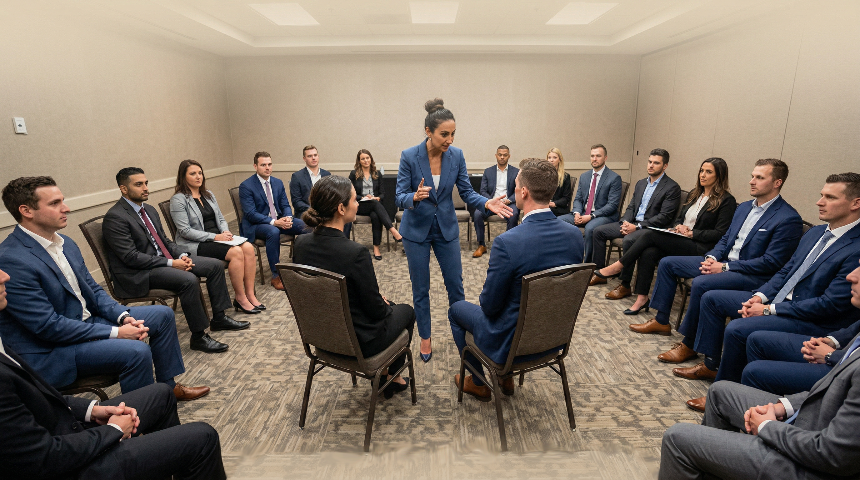 Tara leading a corporate training session in a circle of professionals