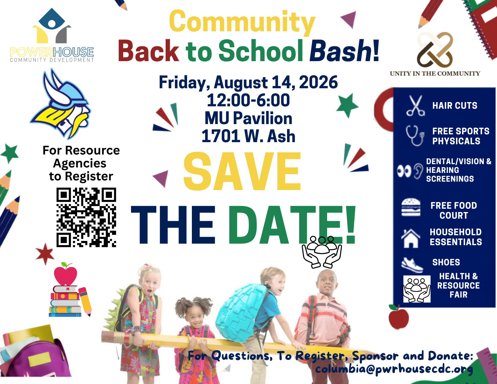 Community Back to School Bash - Friday, August 14, 2026, 12:00-6:00 PM, MU Pavilion, 1701 W. Ash